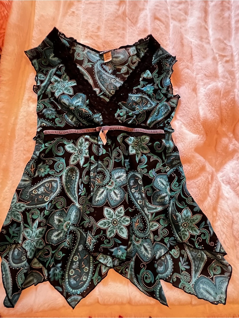 Small Teal Black Paisley Sparkle Lace Velvet  V-Neck Sleeveless Tie Back Blouse